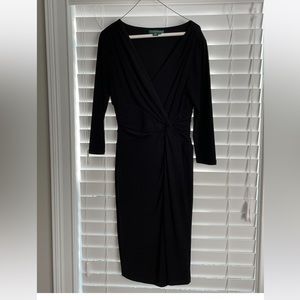 Lauren Ralph Lauren black dress with mock wrap around cinch waist.